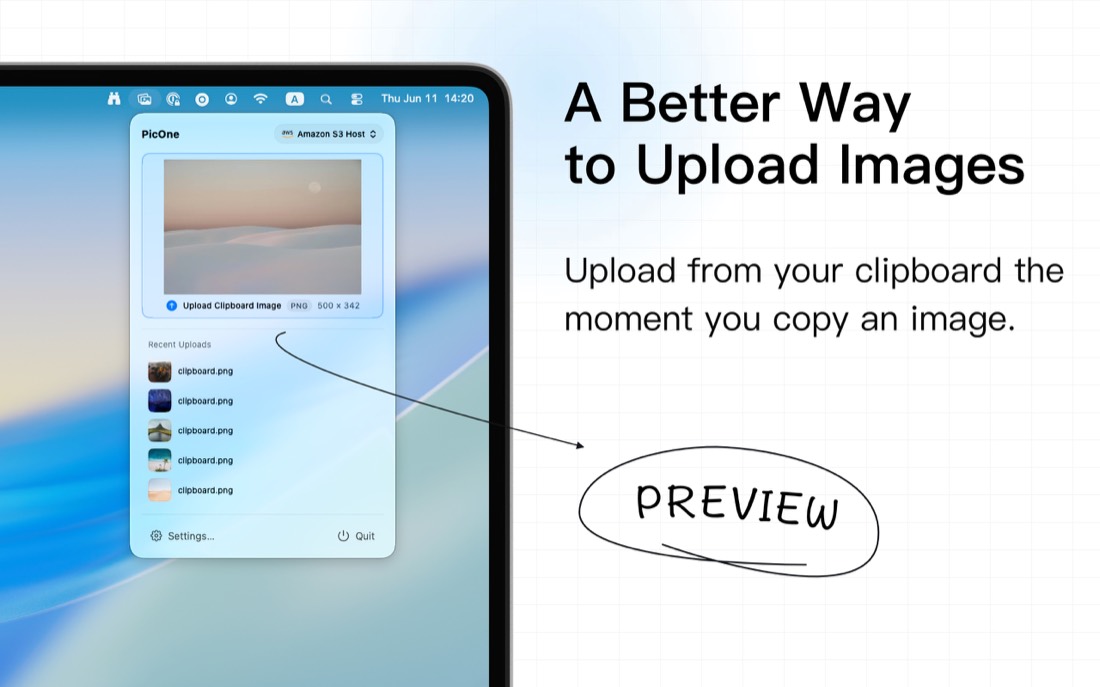 Searchable upload history with filters, link copying, export, and cloud delete.