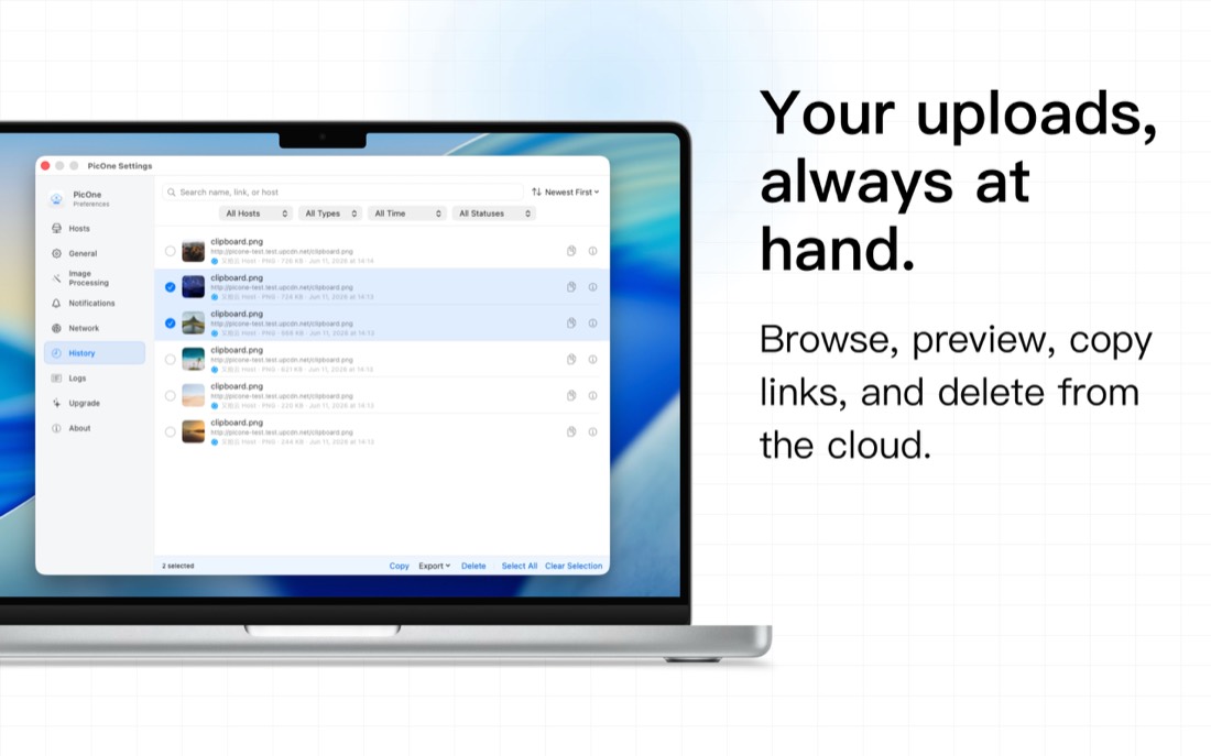 Uploading a clipboard image from the PicOne menu-bar popover, with a live preview.
